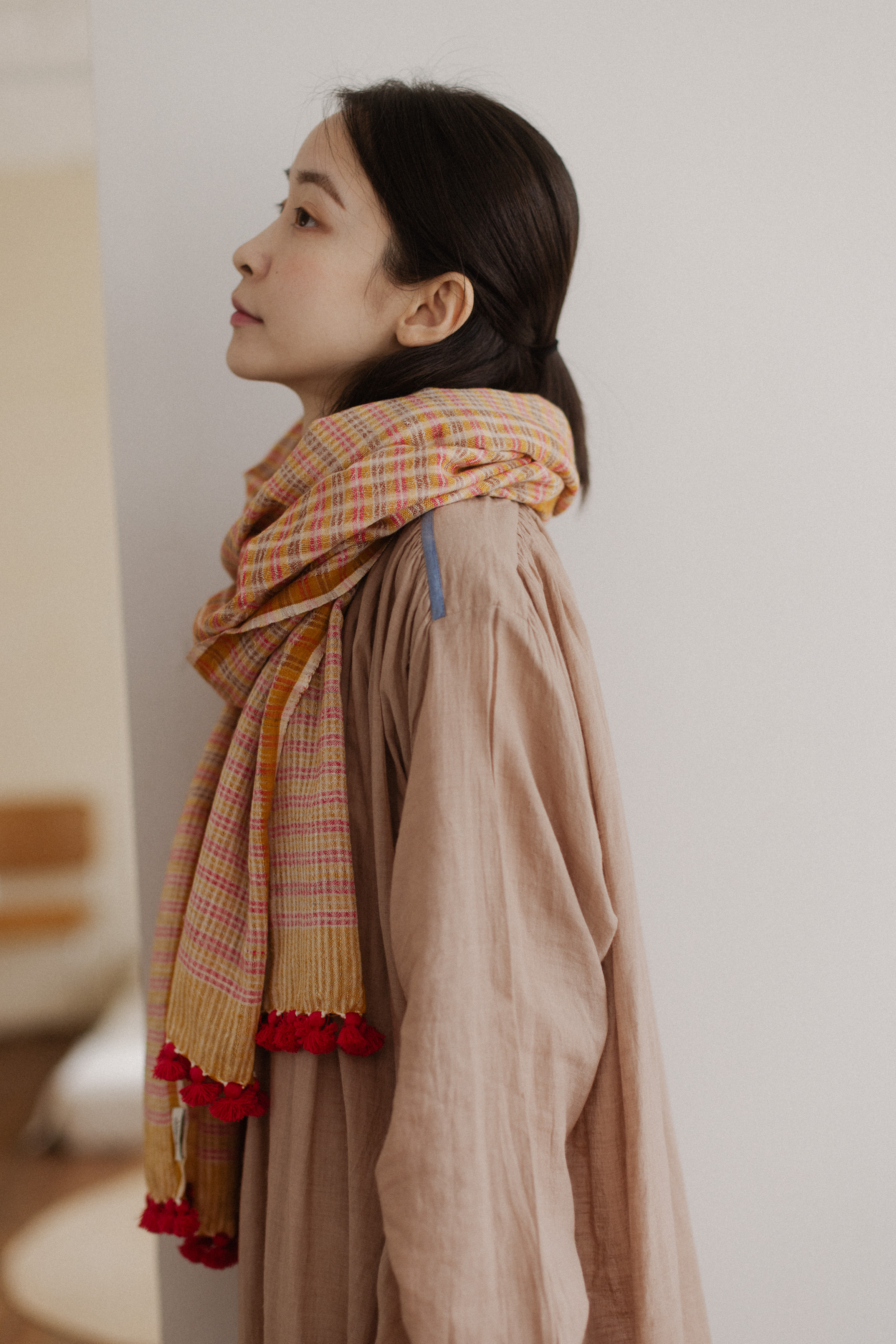有機棉手織圍巾_咖桃格紋