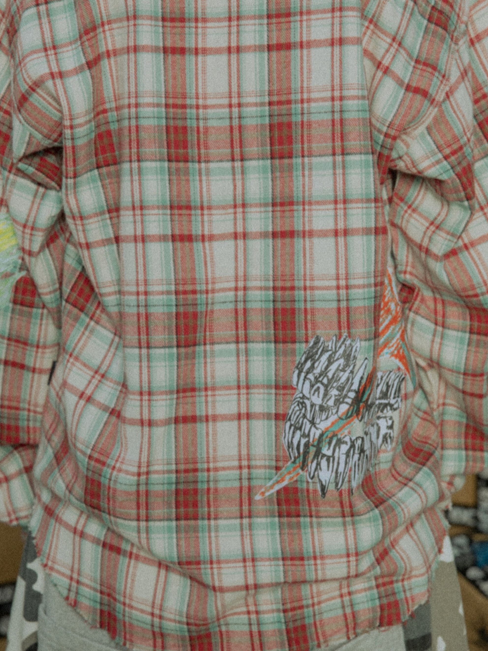 BLACK8MOB 骷髏破壞毛邊印花 紅色格子 寬鬆襯衫