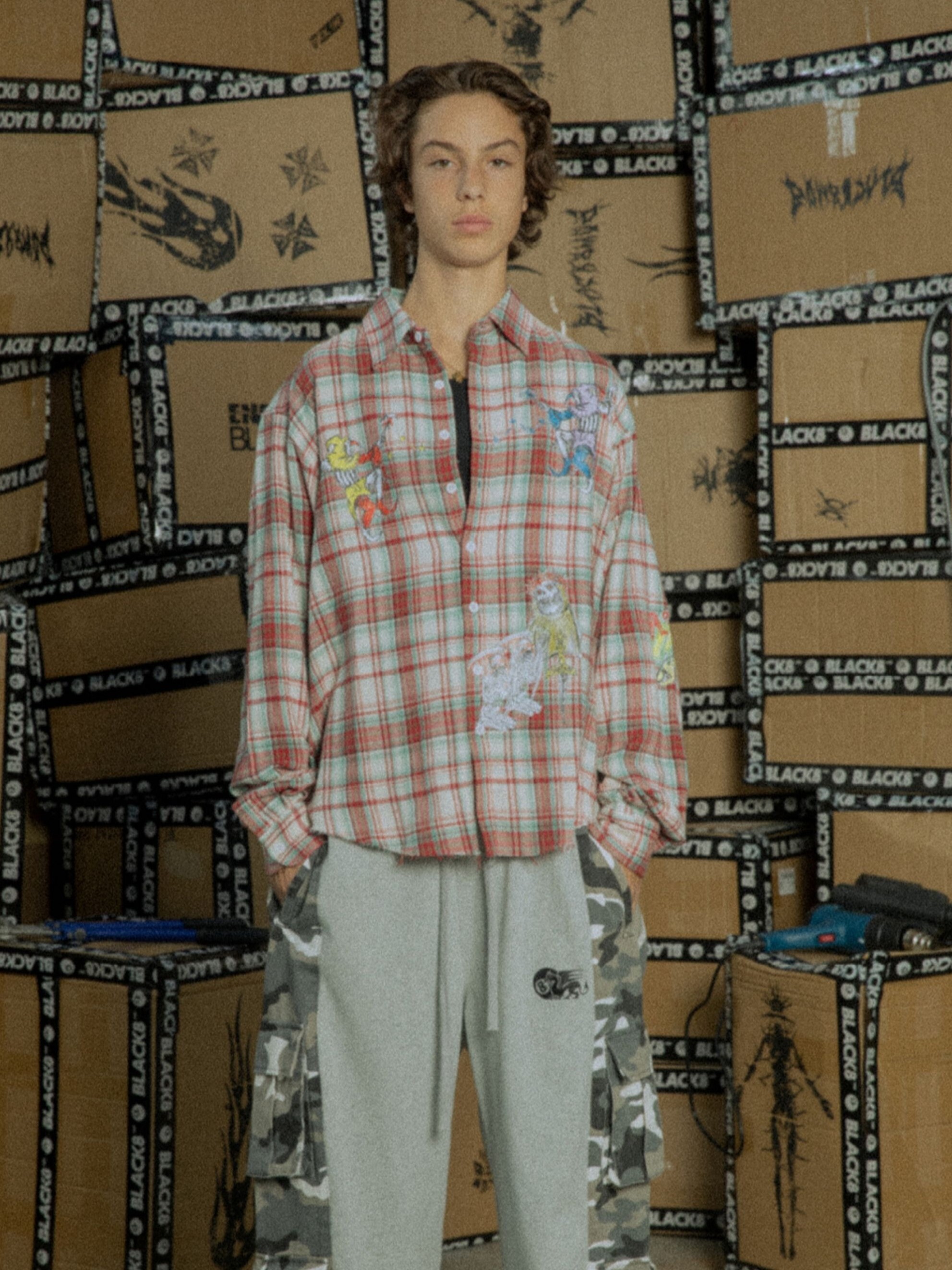 BLACK8MOB 骷髏破壞毛邊印花 紅色格子 寬鬆襯衫