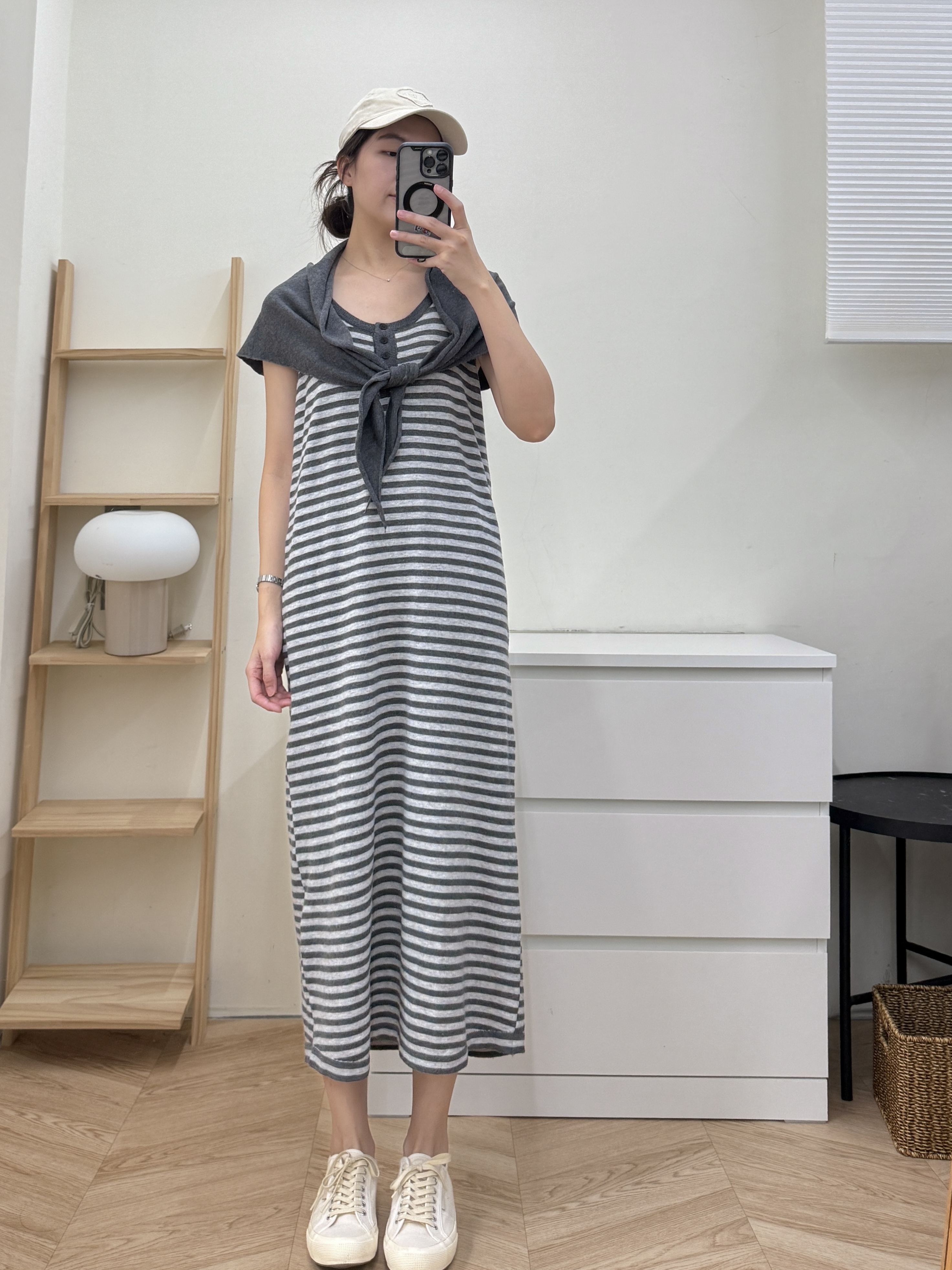 橫條毛衣洋裝附披肩*2色