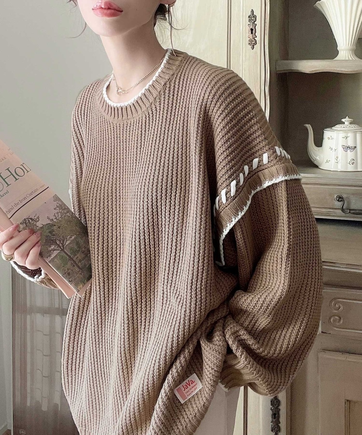 日本 Java 針織衫 手工 縫製 撞色 寬鬆 毛衣 4色