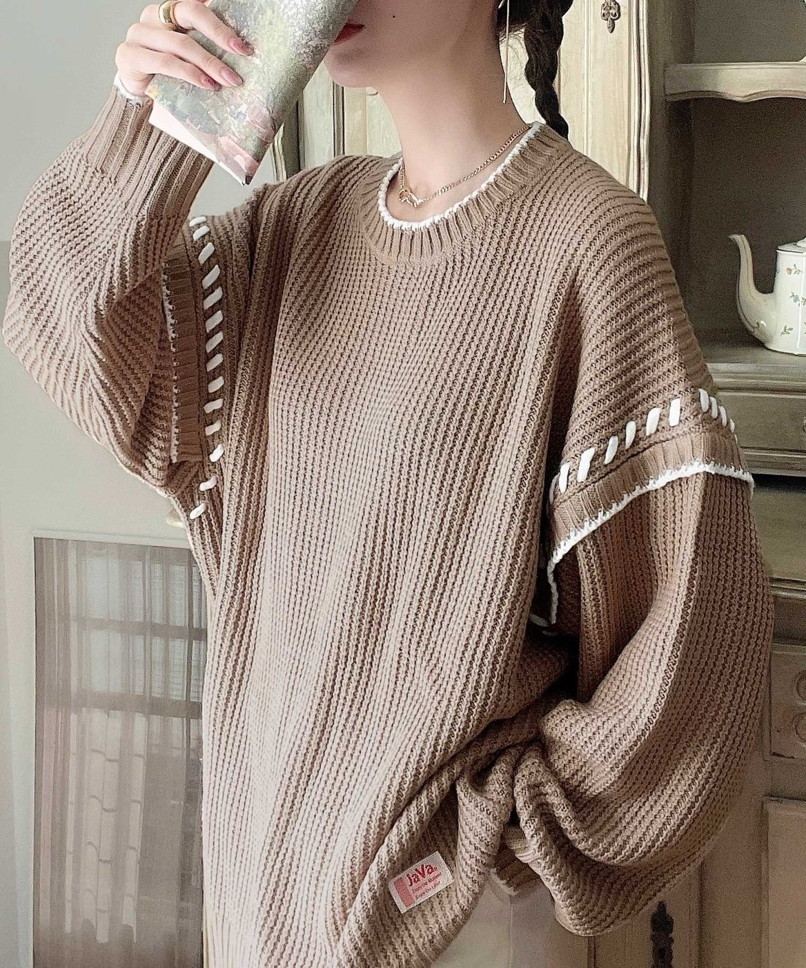 日本 Java 針織衫 手工 縫製 撞色 寬鬆 毛衣 4色