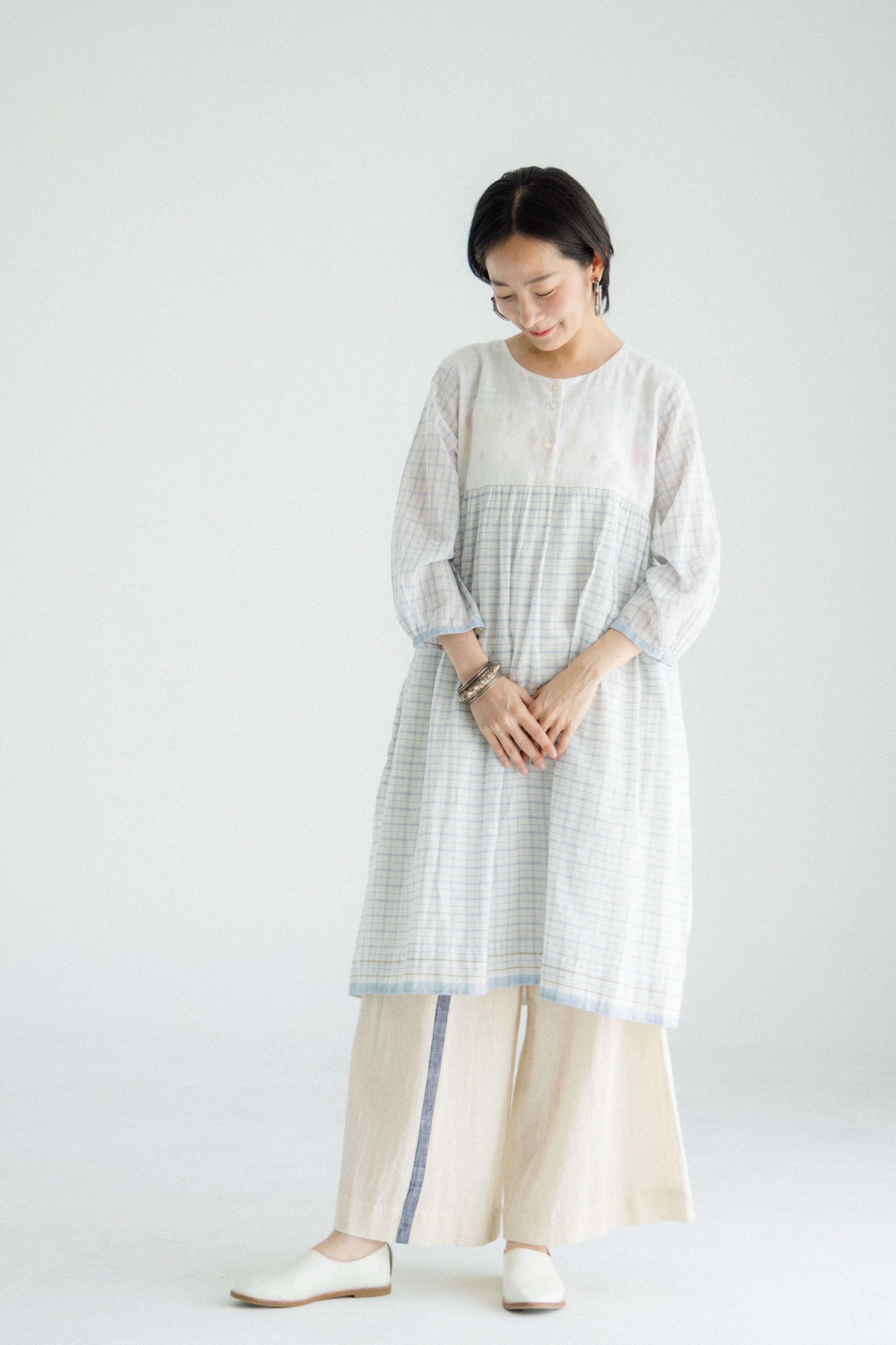 圓領格子jamdani彩圖短洋裝