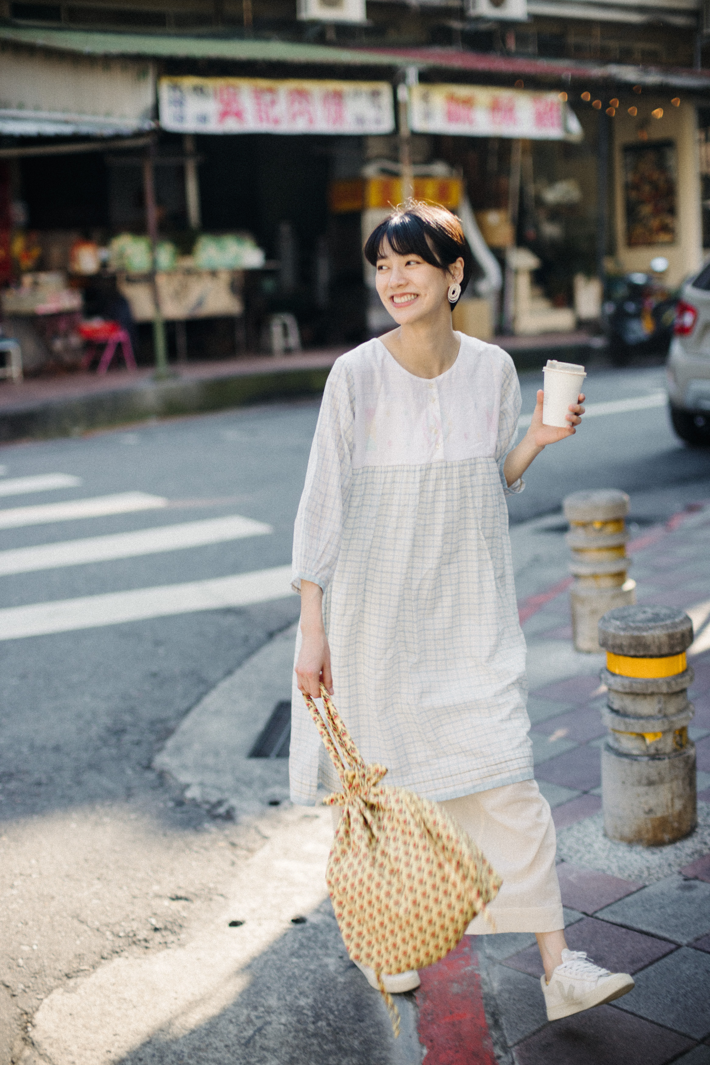 圓領格子jamdani彩圖短洋裝