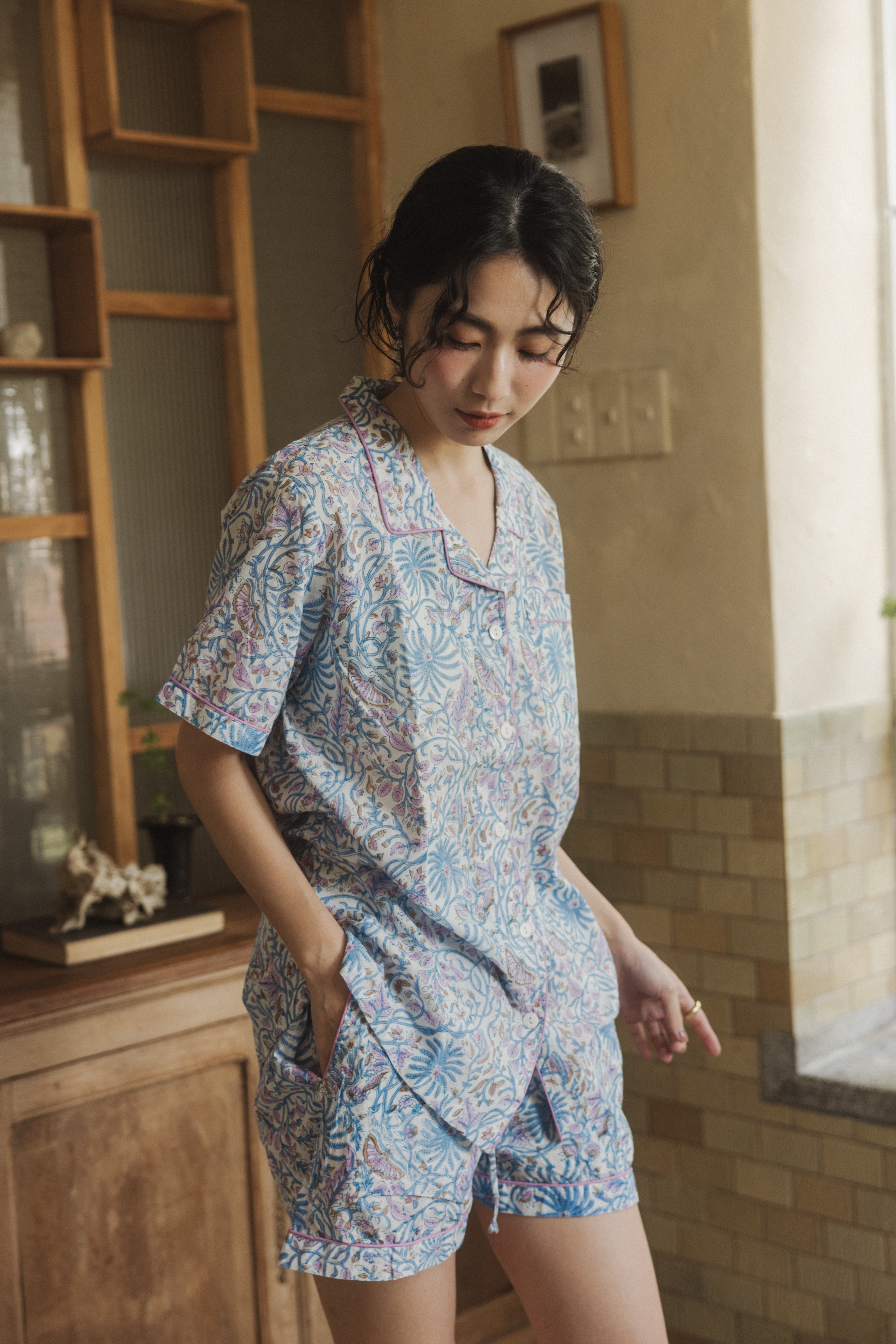 印度木刻印睡衣套裝_白