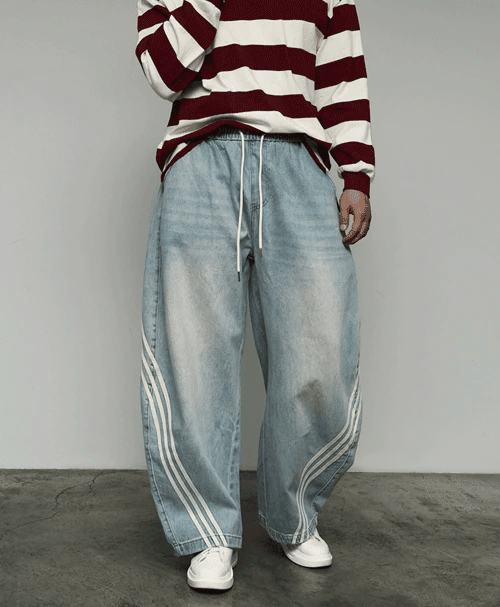 三條紋氣球牛仔褲