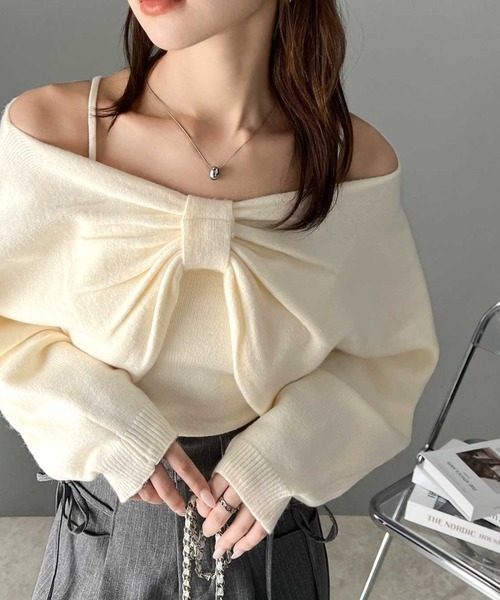 日本🇯🇵連線 Mily Bilet 多種穿法!蝴蝶結露肩針織套裝 吊帶背心&蝴蝶結針織露肩上衣 長袖 多層次 3色(任買兩件711免運)/預購