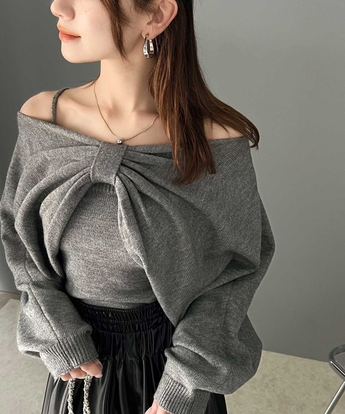 日本🇯🇵連線 Mily Bilet 多種穿法!蝴蝶結露肩針織套裝 吊帶背心&蝴蝶結針織露肩上衣 長袖 多層次 3色(任買兩件711免運)/預購