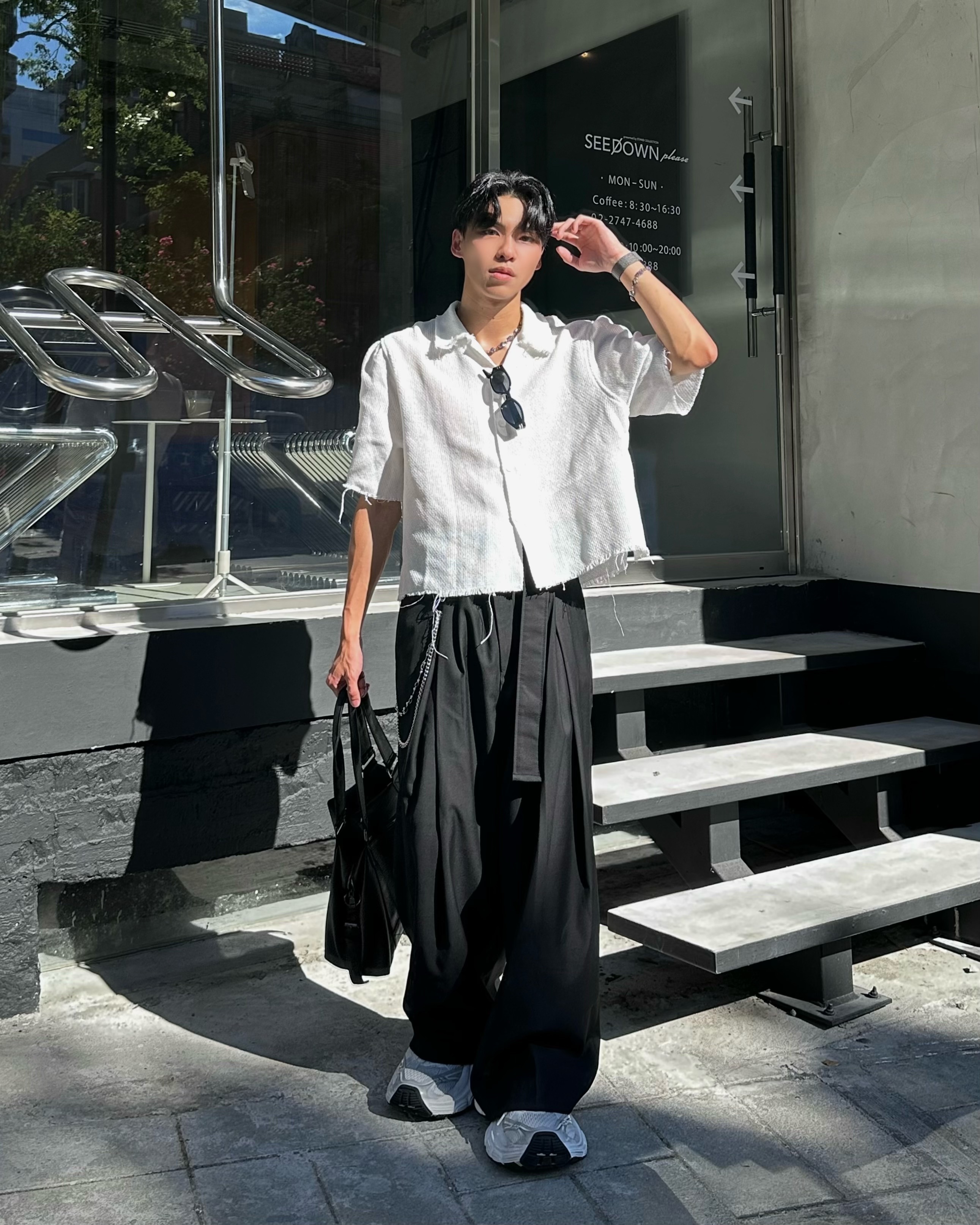 𝐇·𝐓·𝐒 韓國 BOXY 詩序織界 小香風 編織 不收邊 寬鬆 短袖 襯衫