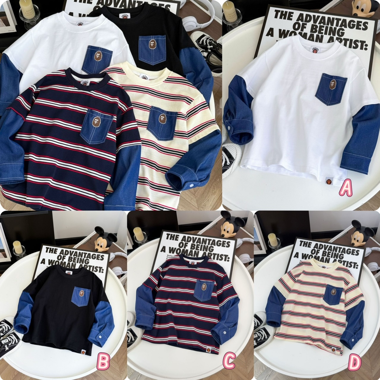 兒童胸口牛仔袋小猿人刺繡Logo假兩件拼接長袖Tee-2502461