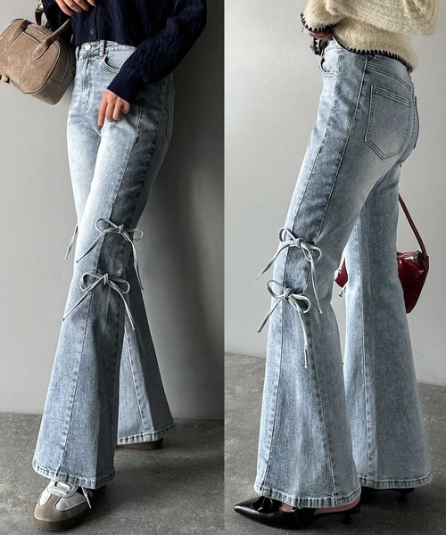 日本🇯🇵連線 Mily Bilet 側邊雙綁帶設計牛仔喇叭褲 喇叭褲 牛仔褲 綁帶 緞帶 復古 長褲 3色(任買兩件711免運)/預購