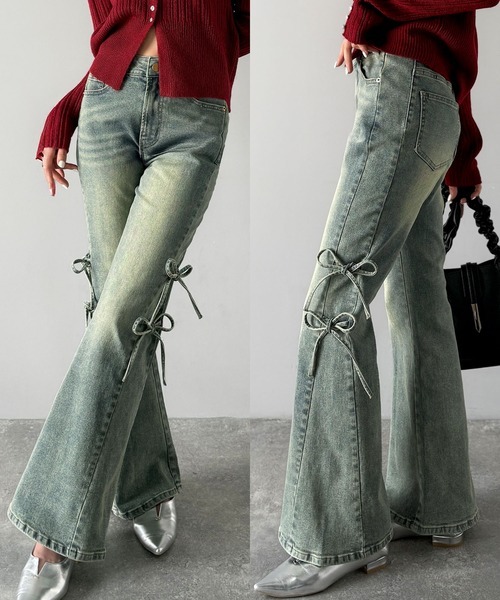 日本🇯🇵連線 Mily Bilet 側邊雙綁帶設計牛仔喇叭褲 喇叭褲 牛仔褲 綁帶 緞帶 復古 長褲 3色(任買兩件711免運)/預購