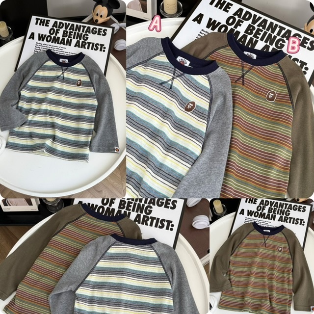 兒童胸口小猿人刺繡Logo牛角肩橫紋長袖Tee-2502462