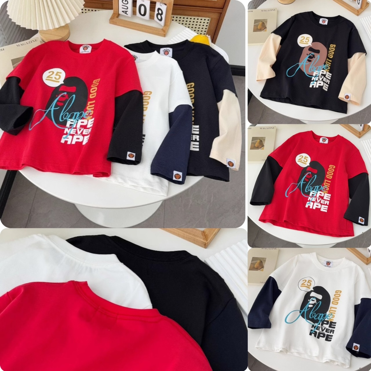 兒童前猿人頭彩色文字假兩件長袖Tee-2502464