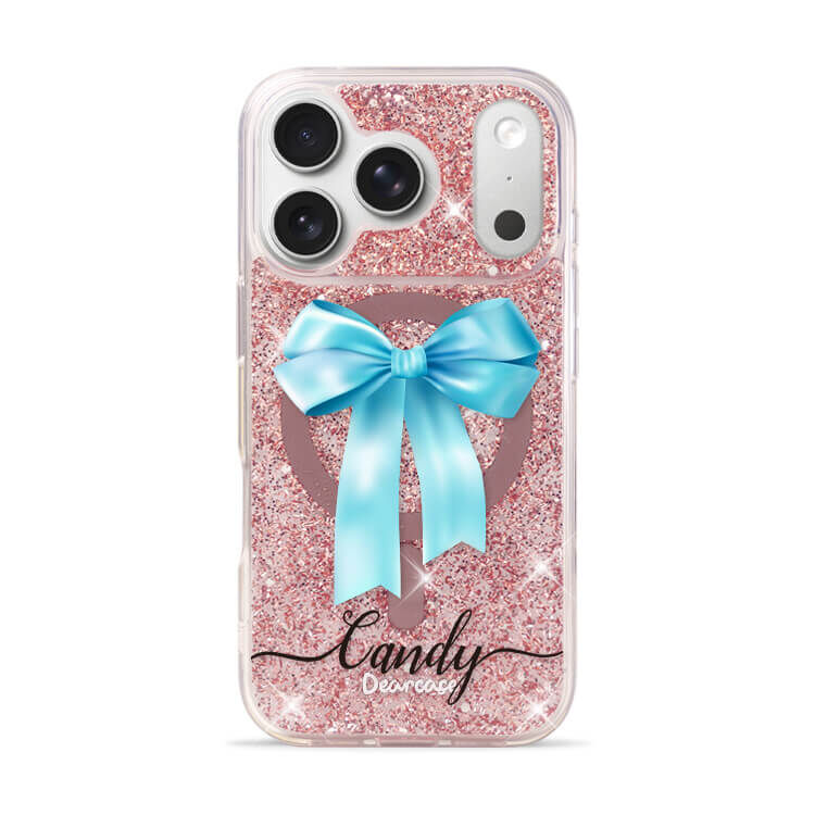 蝴蝶結緞帶(芬尼藍) 玫瑰金貝拉殼 (MagSafe) - (訂製名字) iPhone客製化手機殼