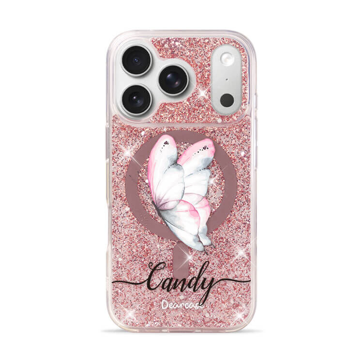 夢幻粉蝶 玫瑰金貝拉殼 (MagSafe兼容) - (訂製名字) iPhone客製化手機殼
