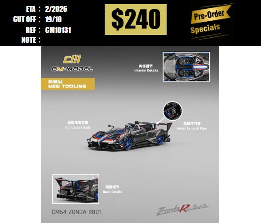 PO-$240 * CM MODEL * 1:64 PAGANI ZONDA REVO BARCHETTA 1 OF 1  BLACK [OD13/10]
