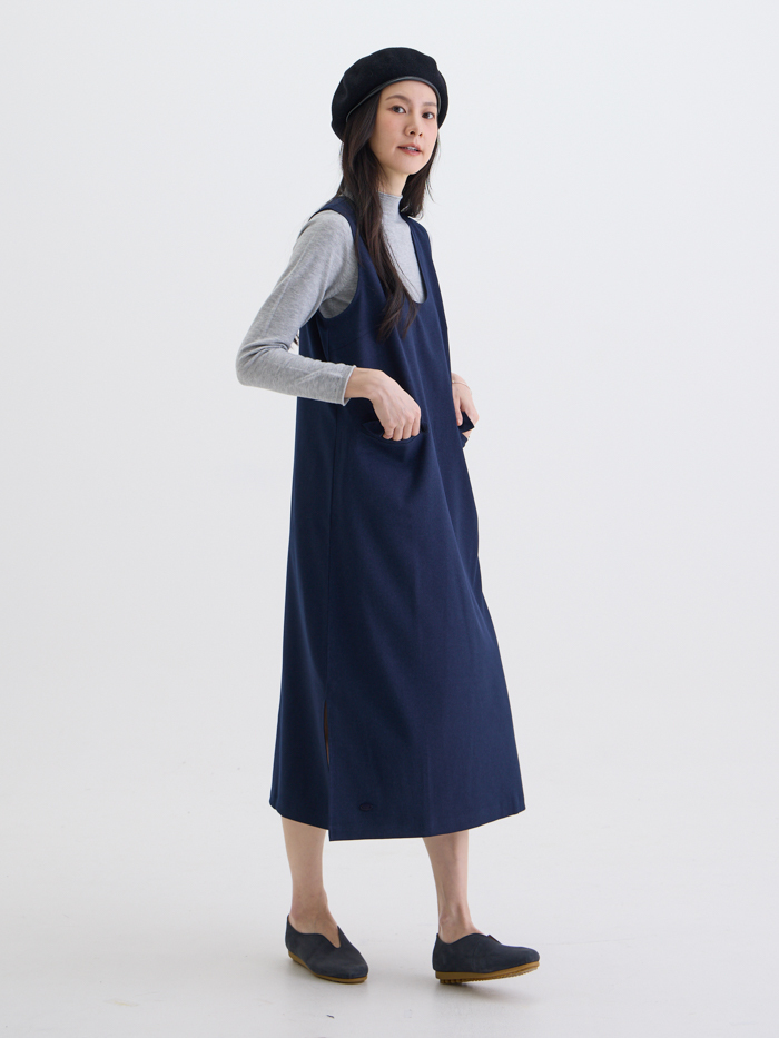 未寄情書U領蓋袋洋裝-藏青