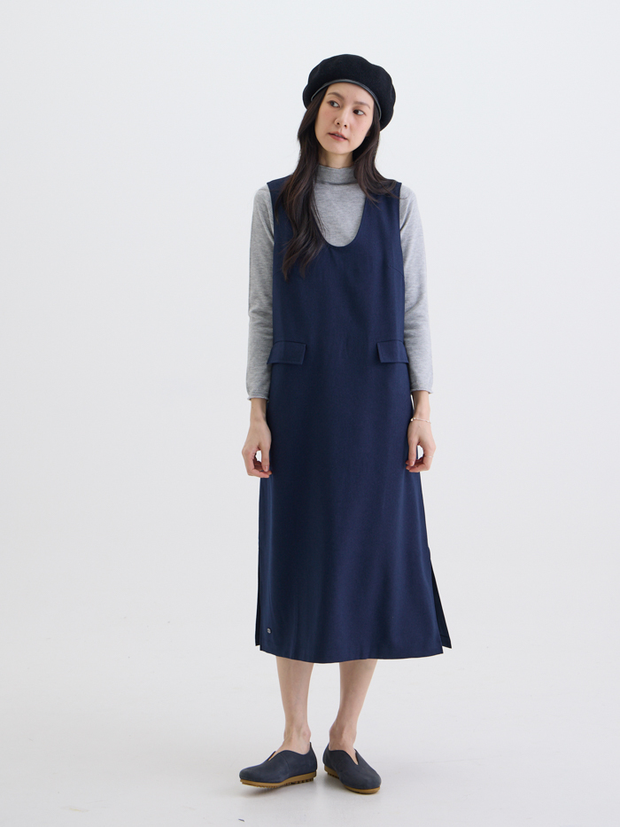 未寄情書U領蓋袋洋裝-藏青