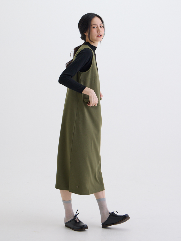 未寄情書U領蓋袋洋裝-軍綠