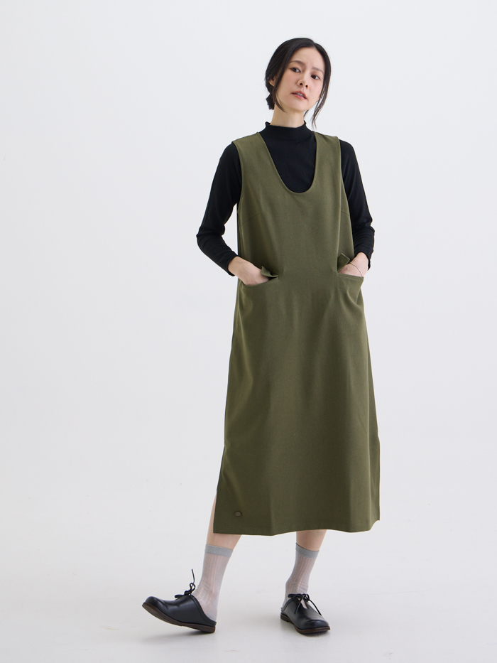 未寄情書U領蓋袋洋裝-軍綠