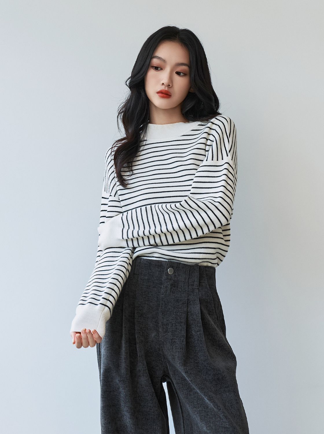 【期間限定】小立領條紋長袖毛衣
