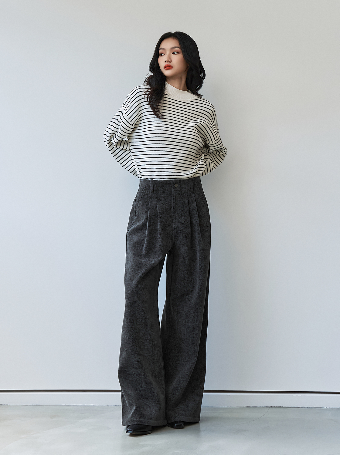 【期間限定】小立領條紋長袖毛衣