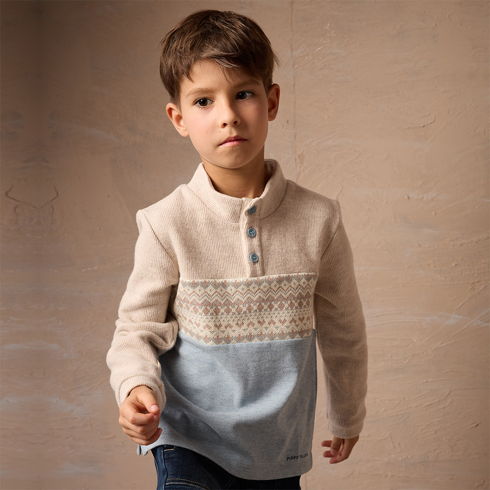 PIPPY 個性拼接暖暖小立領長袖上衣 灰藍