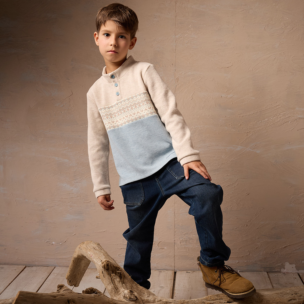 PIPPY 個性拼接暖暖小立領長袖上衣 灰藍