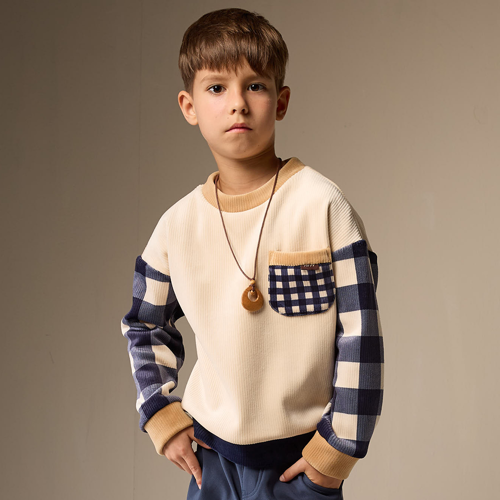 PIPPY 陽光拼接格紋大口袋圓領長袖上衣 米