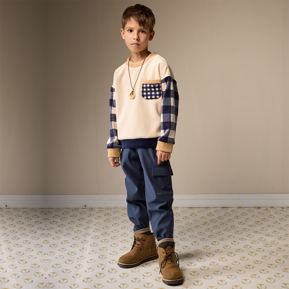 PIPPY 陽光拼接格紋大口袋圓領長袖上衣 米