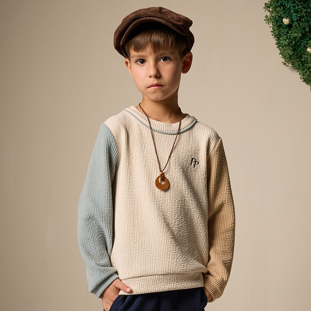 PIPPY 活力袖子撞色拼接圓領長袖上衣 卡其