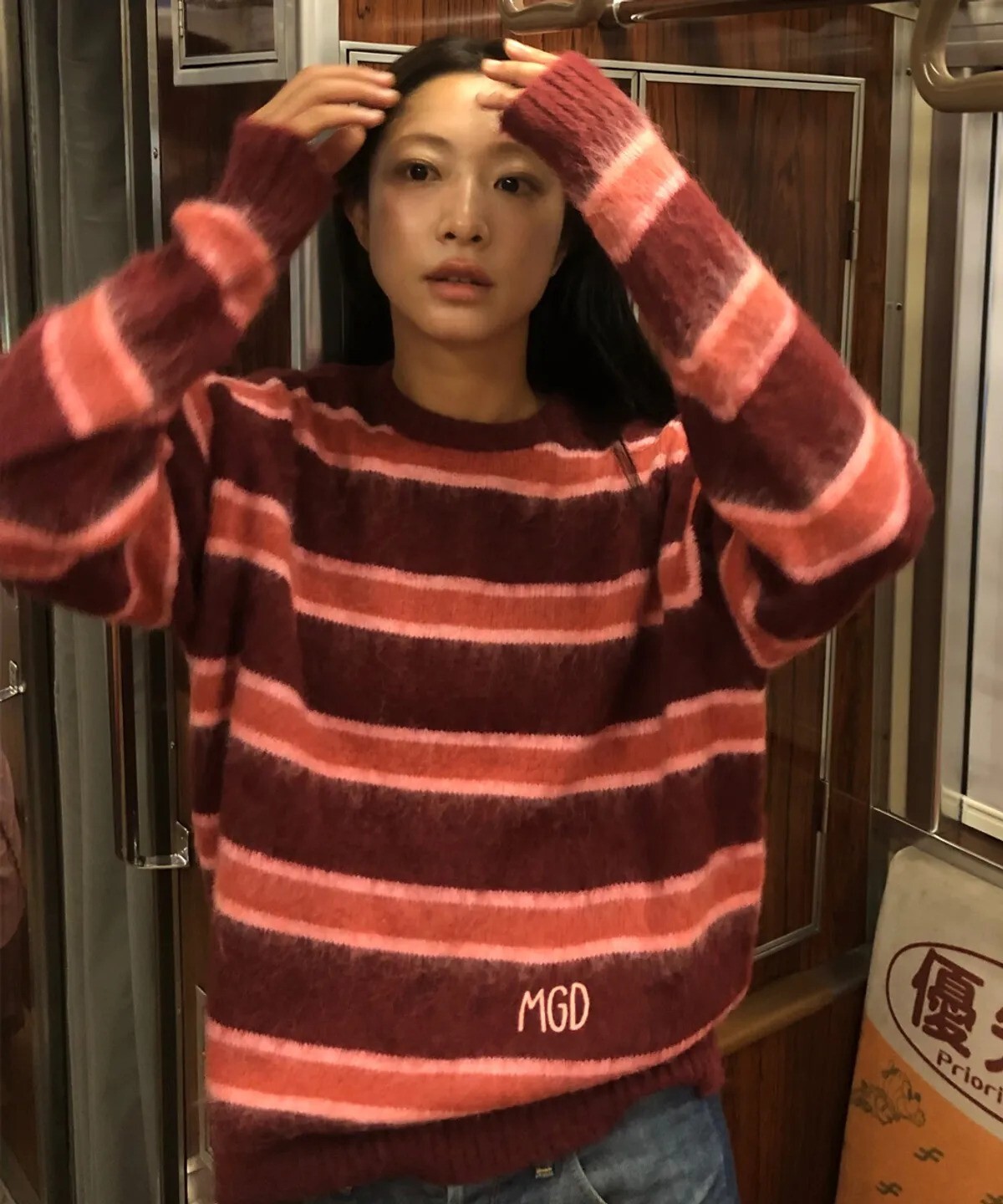 mahagrid - HAIRY STRIPE KNIT SWEATER (BURGUNDY)
