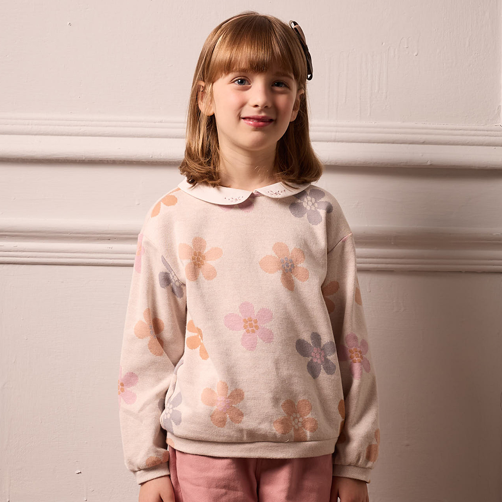 PIPPY 甜美朵朵花朵緹花圓領長袖上衣 米