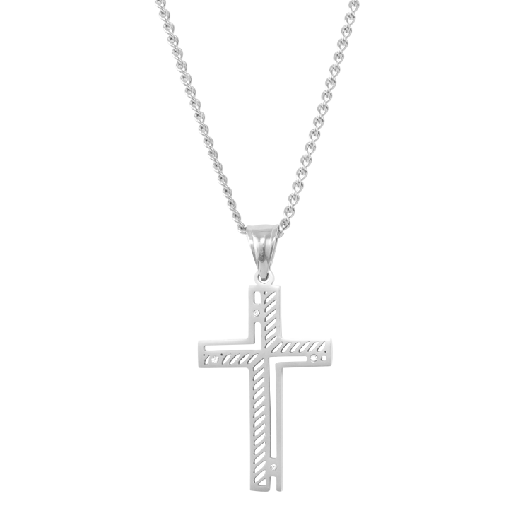 白鋼項鍊，男士項鍊 斜紋鏤空十字架；幾何光影與微鑽的極簡鋒芒（4154銀色）