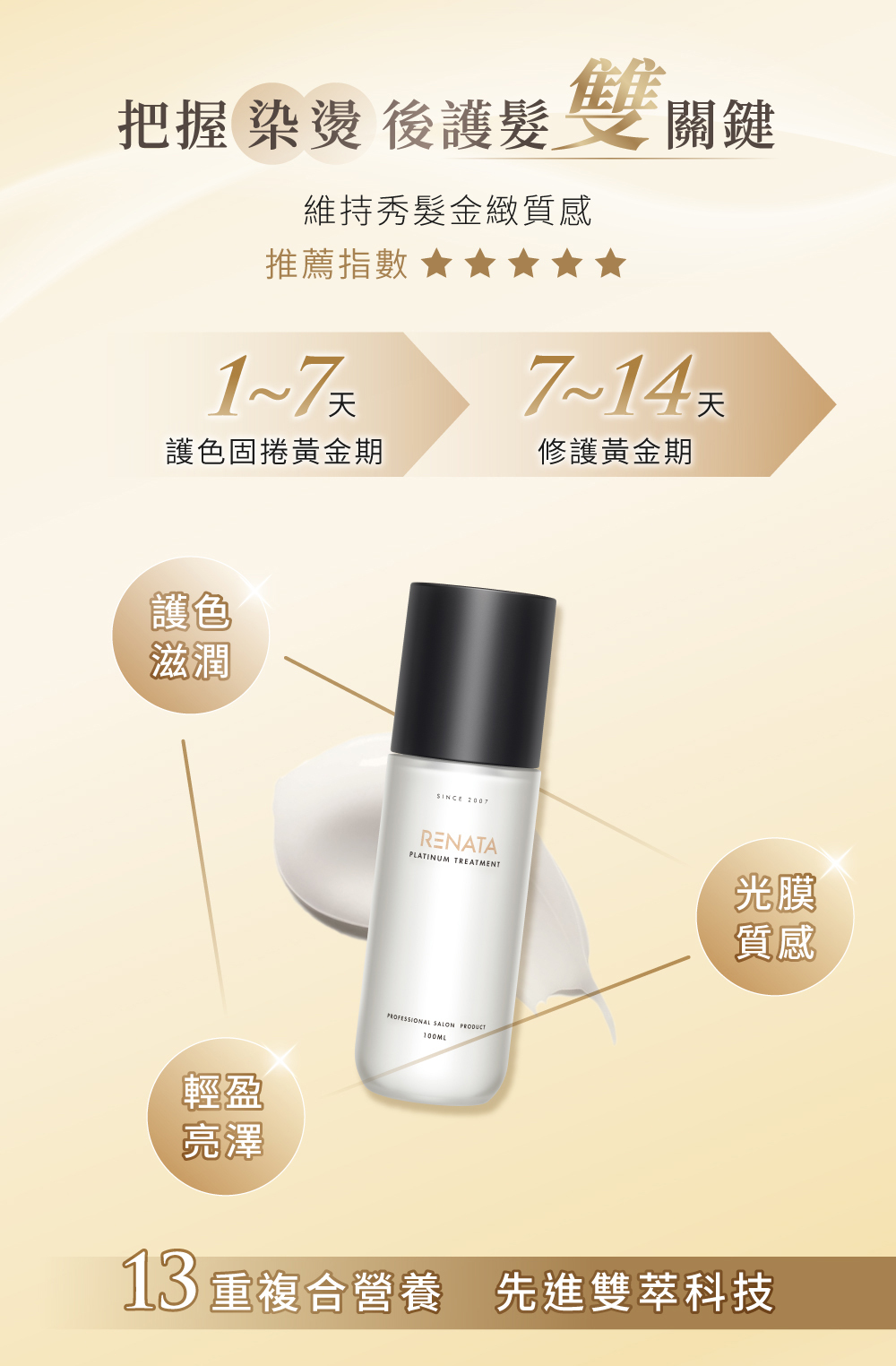 RENATA,鉑金系列,鉑金免沖精華,護色顧捲黃金期,修護黃金期,護色滋潤,光膜質感,輕盈亮澤