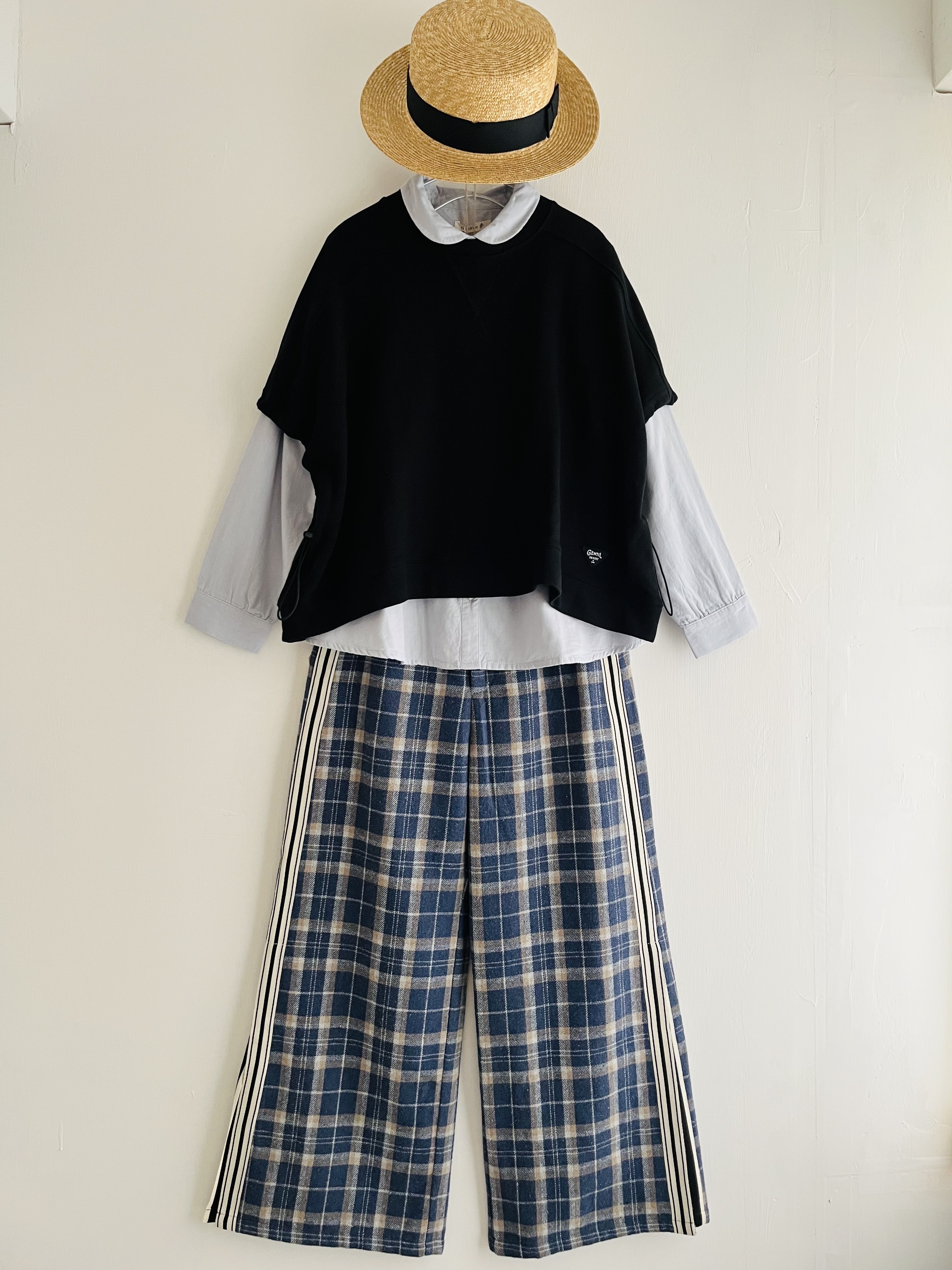 藍色格仔半橡筋闊褲