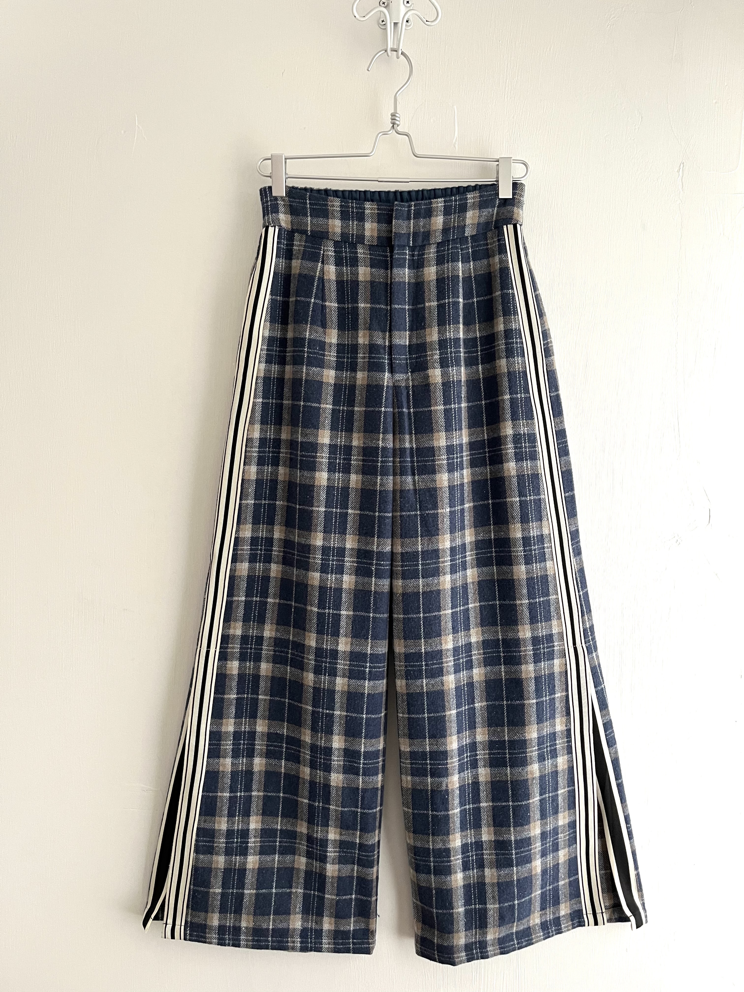 藍色格仔半橡筋闊褲