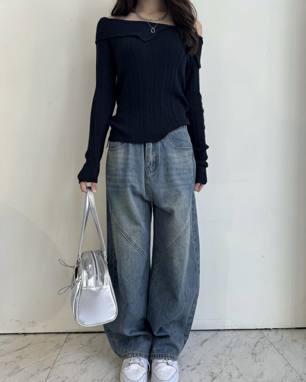 立體剪裁復古彎刀牛仔褲 - 1355