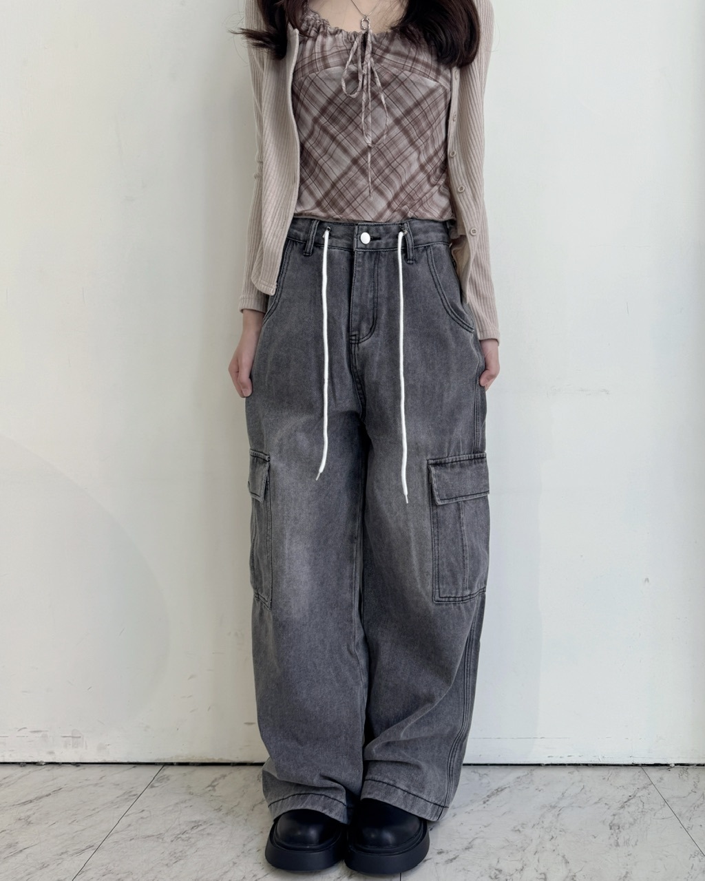 工裝口袋抽繩牛仔褲 - 8113