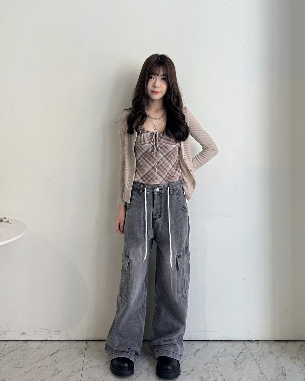 工裝口袋抽繩牛仔褲 - 8113