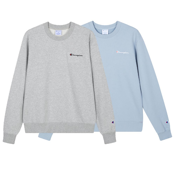 男款- RETRO CAMPUS 刺繡素面內刷毛衛衣-淺藍/灰色（U5CSWSM045）