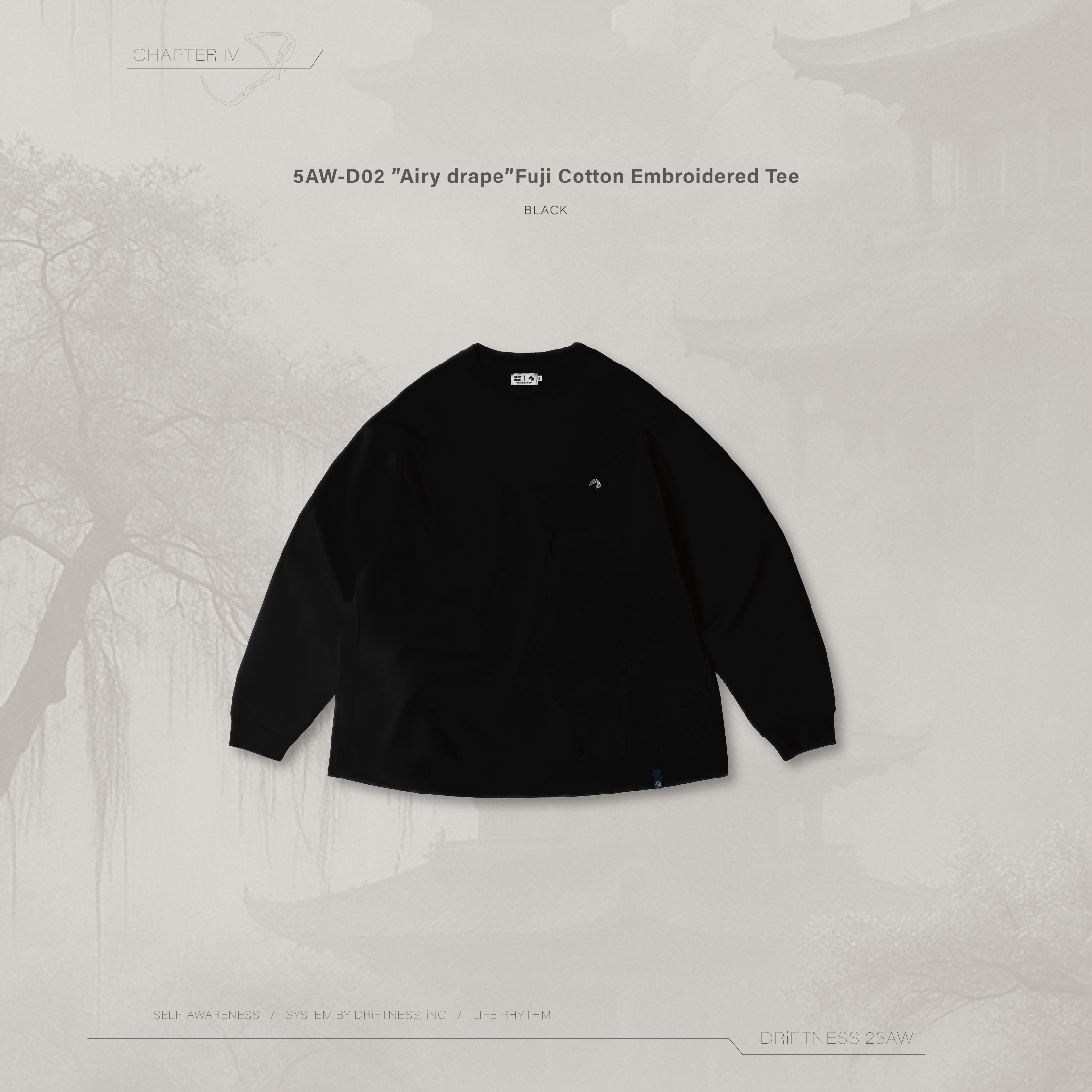 DRiFTNESS｜5AW-D02 ”Airy drape” 空氣感富士棉刺繡薄長袖-Black