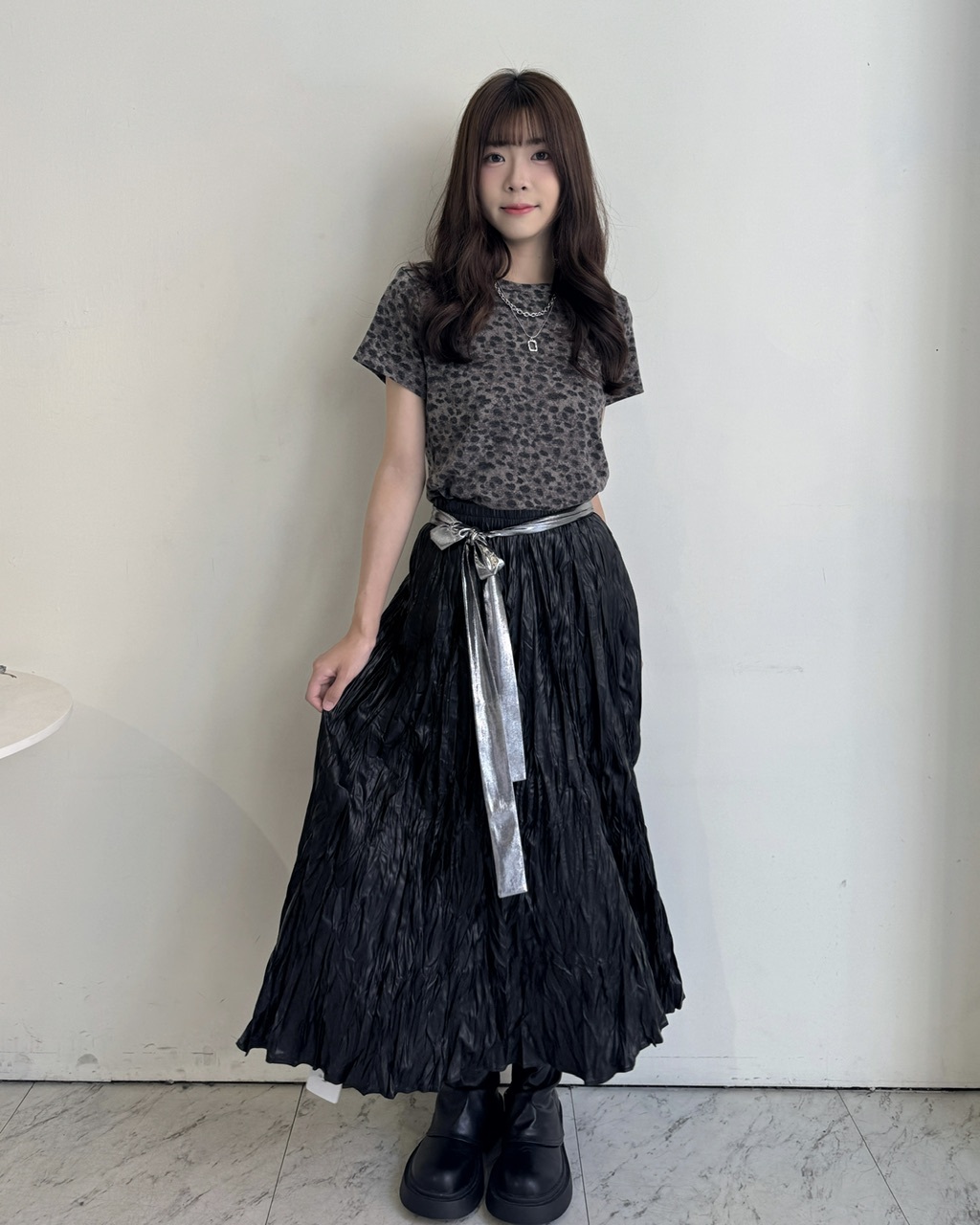 鬆緊皮革氛圍皺皺長裙 - 1801