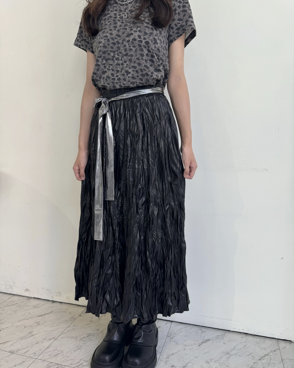 鬆緊皮革氛圍皺皺長裙 - 1801