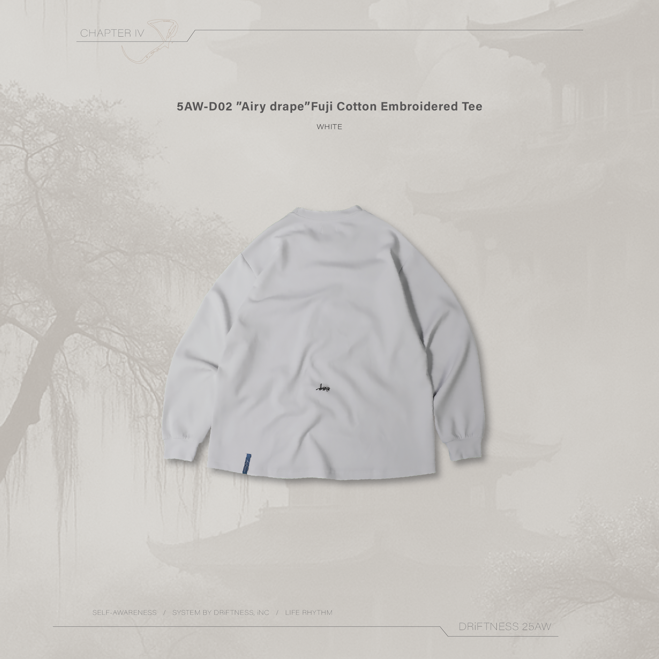 DRiFTNESS｜5AW-D02 ”Airy drape” 空氣感富士棉刺繡薄長袖-White