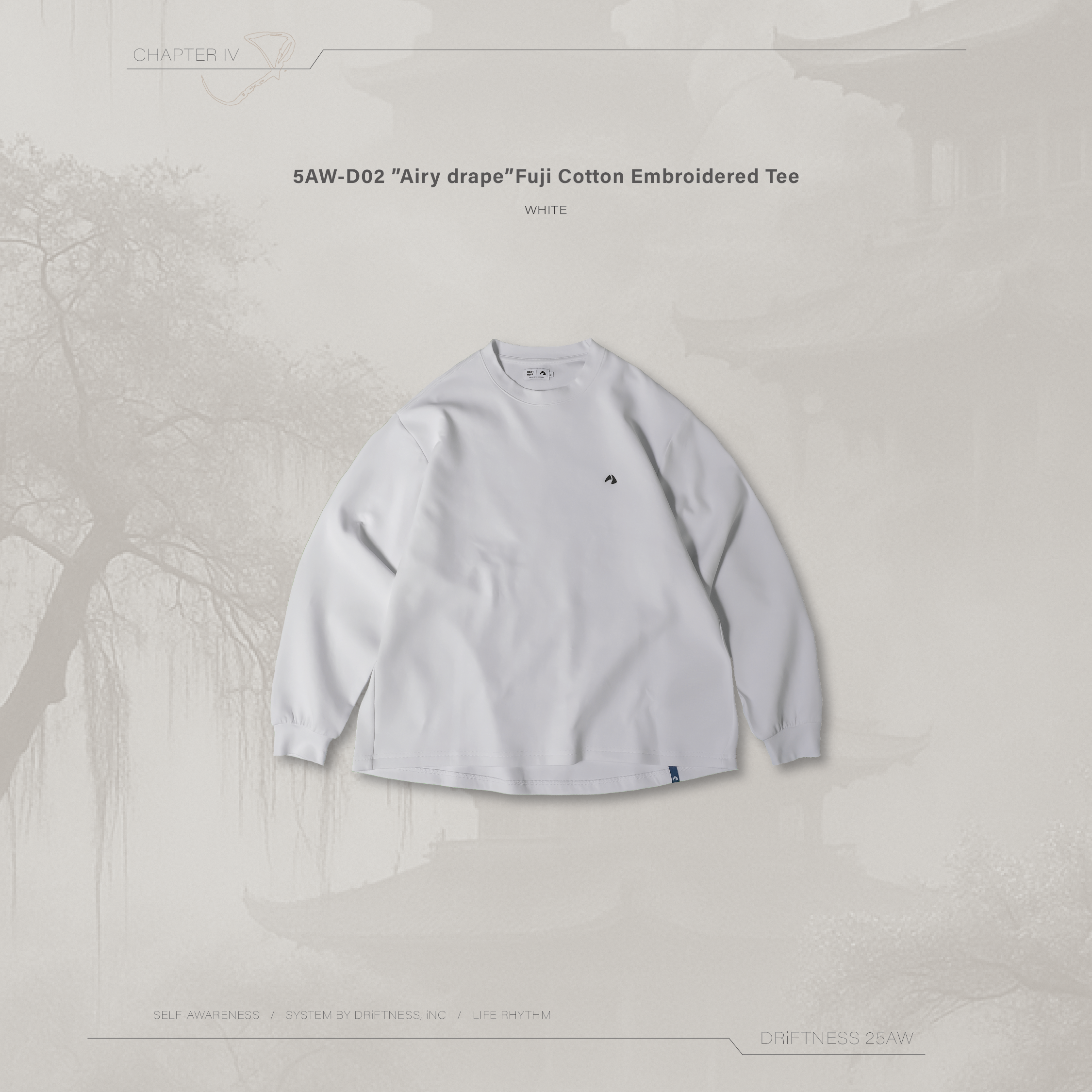 DRiFTNESS｜5AW-D02 ”Airy drape” 空氣感富士棉刺繡薄長袖-White