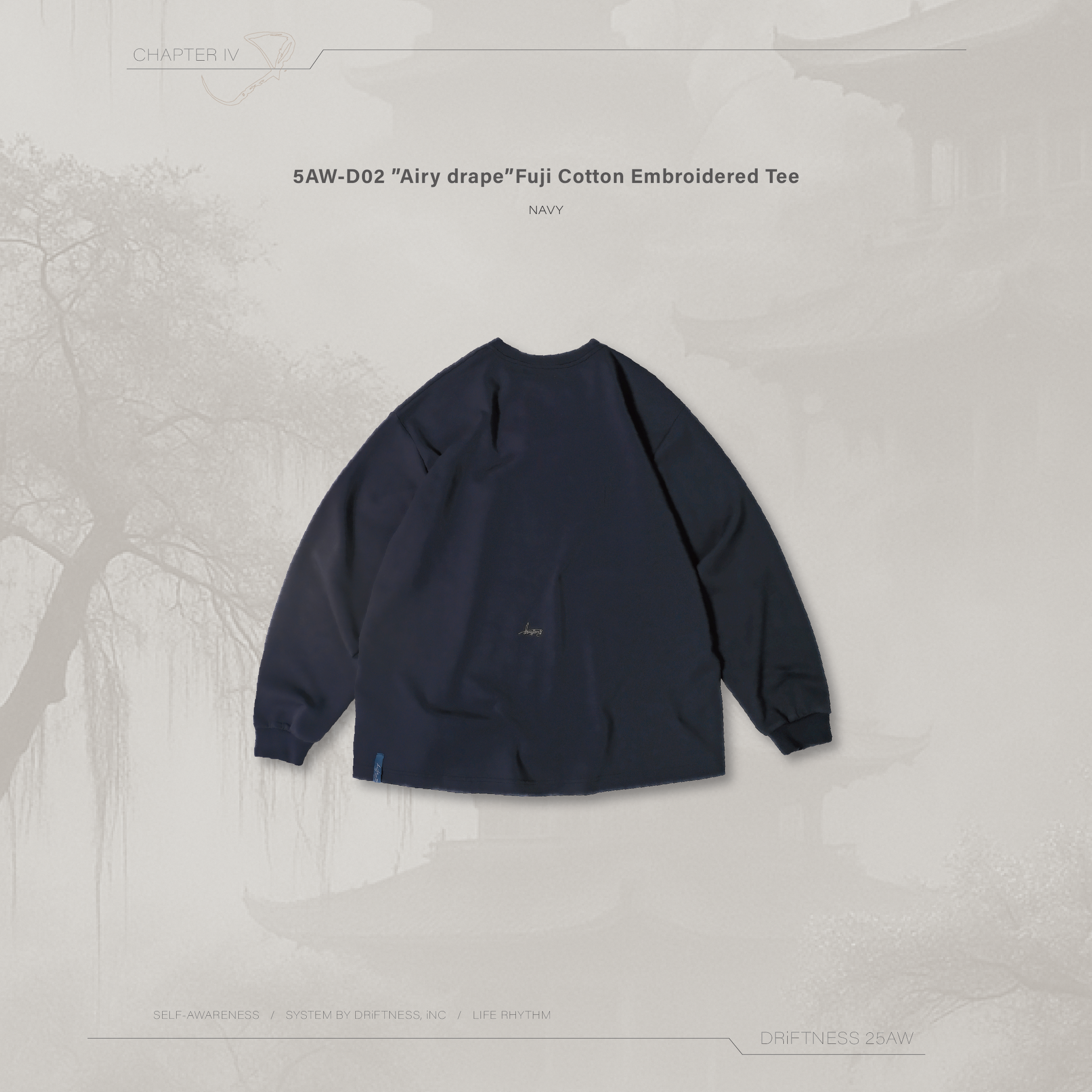 DRiFTNESS｜5AW-D02 ”Airy drape” 空氣感富士棉刺繡薄長袖-Navy