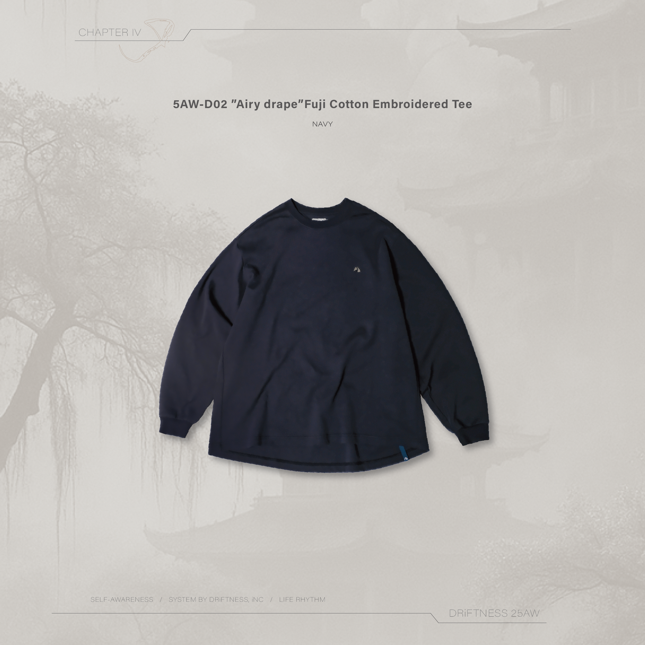 DRiFTNESS｜5AW-D02 ”Airy drape” 空氣感富士棉刺繡薄長袖-Navy