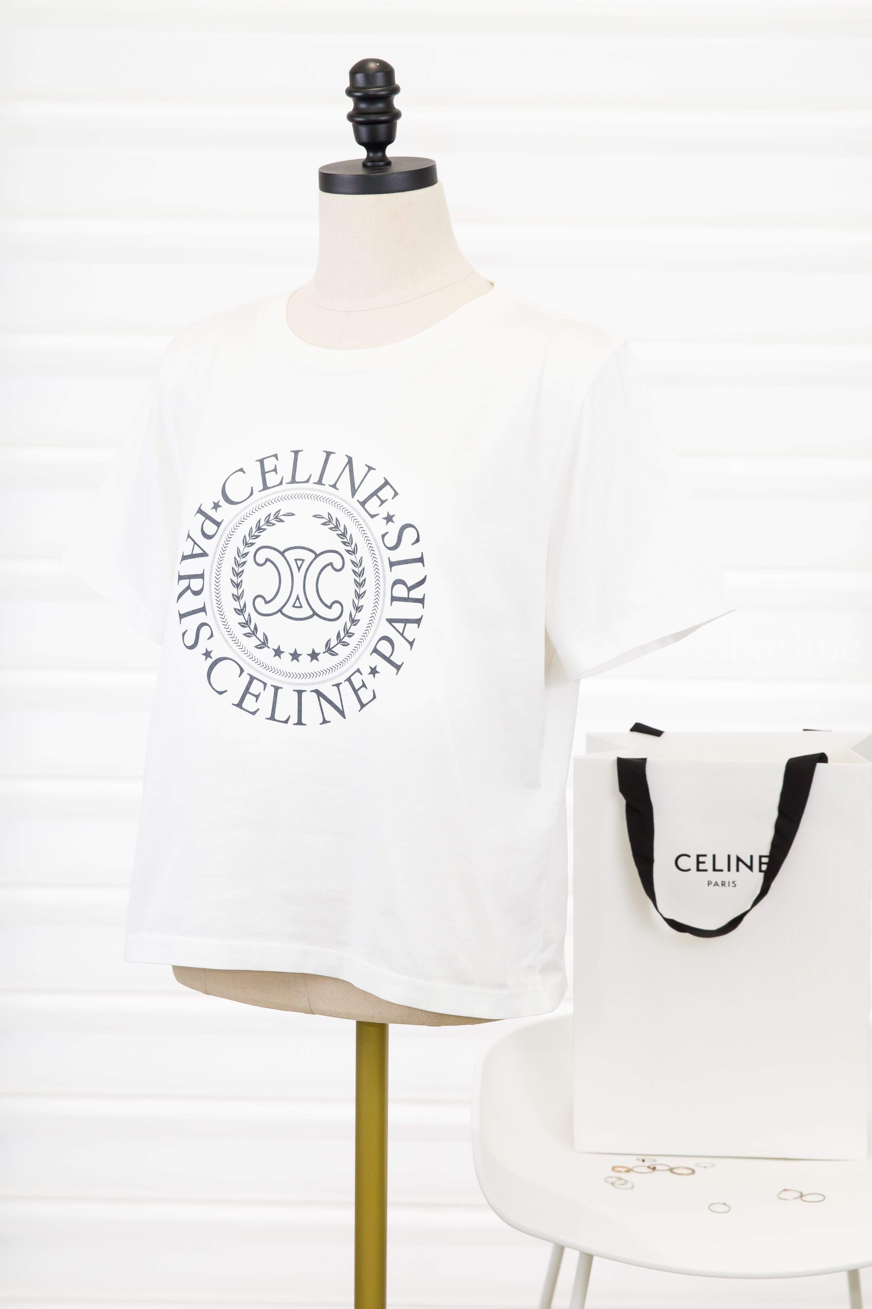 Celine Celine Boxy T-shirt In Cotton Jersey 白底藍黑色簍空圓型麥穗凱旋門字母 Logo 短袖棉T-Charline Boutique 精品代購